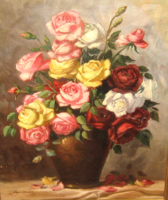 ORIGINAL WONDERFUL ANTIQUE ÁCS ISTVÁN FLOWER STILL LIFE: COLORFUL ROSES 1942