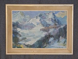 1ft-ról! Jelzett,  számomra ismeretlen festőművész.  Tájkép a hegyekben.  Olaj/farost, 46x60cm