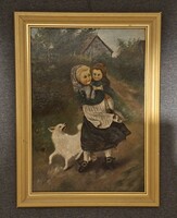 1ft! Unknown painter. Mother with daughter and dog. Oil/cardboard. 62x44cm.
