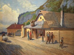 (K) Mányai József (1875-) : Utca alakokkal (Gellért-hegy lábánál)