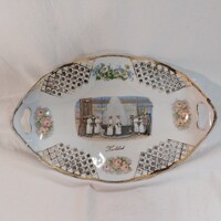 Antik áttört szélű Karlsbad porcelán kínálótál, Sprudel gyógyfürdő (31x20 cm)