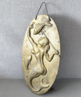Vintage nehéz ón fali relief – Sellő / Hableány és halak dombormű (30x17 cm)