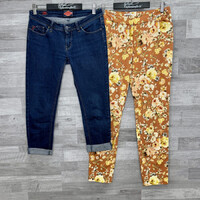Retro Jeans háromnegyedes farmernadrág, Orsay színes virágmintás női nadrág szett S-M