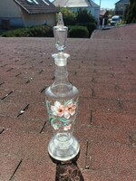 Különleges, nagyméretű (41 cm) antik/vintage kézzel festett üveg pálinkás palack eredeti dugójával