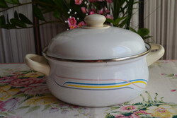 Retro vastag fenekű zománcozott lábas fedővel – színes csíkos – 24 cm