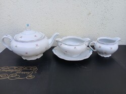 Vintage Hollóházi porcelán teáskészlet (kanna, cukortartó, kiöntő)