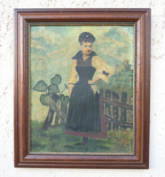 Különleges Impasztós Alpesi Életkép (Tiroli / Bajor Népviselet) – Uhman K., 1909. (42x34/52,5x45 cm)