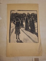 Pencil Drawing, Lady on the Promenade, size indicated, tear at the bottom.