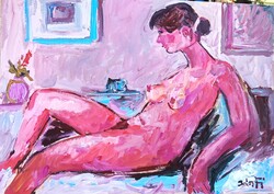 Painting (A-34) - Szász Endre: FEMALE NUDE (oil, cardboard, 50 x 35 cm)