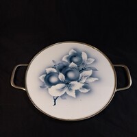 Art Deco antik kerámia tálca, kék Spritzdekor alma mintás, fémfüles (23cm+fül)