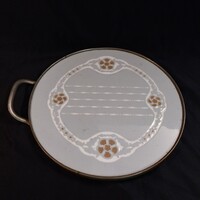 Antik Villeroy & Boch Mettlach fémfüles kerámia tálca, szecessziós virágos (25,5cm)