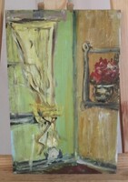 Csehi Imre kis enteriőr festménye 30x20 cm