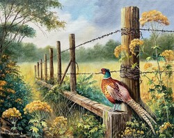 LEÁRAZVA Dabronaki Fácán a kerítésnél 40x50 cm olaj-vászon