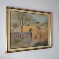 Festmény Garabuczy Ágnes reggeli séta, nő kalapban életkép