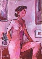 Painting (A-31) - BÁNFI: FEMALE NUDE (oil, cardboard, 35 x 50 cm)