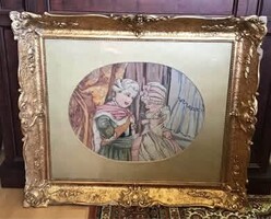 Rococo genre scene tapestry (1930s) – in a large Blondel-style frame (80x70 cm)