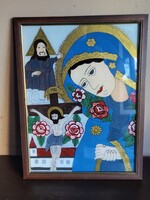 Kézzel festett román ortodox népi üvegikon – Fájdalmas Anya a kereszt alatt (43×31 cm)