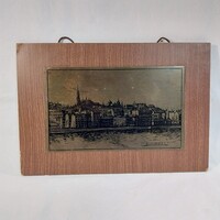 Budapest látkép (Várnegyed) karcolt rézkarc falikép fa hordozón (Méret: 24 x 35 cm)
