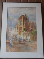 Volent Miklós (1940-cc.2009) Középkori hangulat akv.,p.,jbl.ü.alatt,paszpartu,keret 71x50 cm