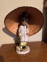 Unique Vintage Asian Figurative Table Lamp - Leather-Bordered Parasol
