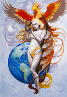 Újjászületés - Rebirth figuratív fantasy nude allegorikus festmény vásznon főnix női akt 100x70 cm
