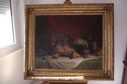 Friedlinger Jenő (1890-1963) Gyümölcsös csendélet serlegekkel, kupákkal.