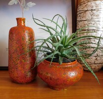 Hódmezővásárhelyi majolika retro palackváza 26 cm és kaspó