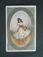 Képeslap,Belle Époque,grafikai,művészet,lány,hőlgy,kalapos női modell,korhű ruházat,divat,1915-