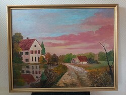 Szabó László, táj malommal 70x52!! cm olaj/farost festmény. Kisautó, játék csere is érdekel