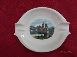 Hollóházi porcelán, Győr feliratú, zöld szegélyes hamutál. Vanneki!