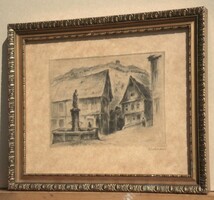 (N) Unreadable Mark (First Half of 20th Century): City Scene with Fountain