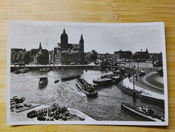 Régi lap, Hollandia, Amsterdam, kikötő, hajók, 1950-ből