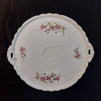 Antik porcelán tortatál / süteményes kínáló tál – rózsaszín virágmintás, füles, 41,5 cm