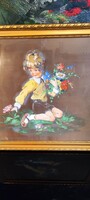 Painting of a Boy with a Flower Bouquet in Pastel-like Brushwork