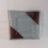 Carneol kézműves fusing üveg tál, Pannon GSM logós retro darab (Méret: 23 x 22 cm)