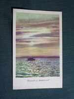 Postcard, Balaton, sightseeing boat, sunset view, detail, 1955-