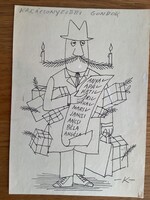 Tibor Kaján's Pre-Christmas Worries / Original Caricature 18.5x13.5 cm