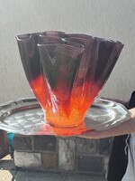 Large Retro Molded Glass Ruffled Vase - Red-Black (26 cm)