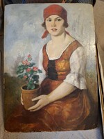 Józsa (?) signed girl with headscarf and flower painting, oil, thick cardboard, 49x69 cm