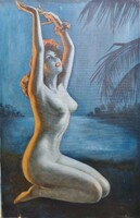Női akt festmény tengerparton, 101x65 cm, olaj, vászon