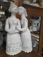 Kovács Éva Orsolya /1938-2017/Csillagszemű Lánypár,Mázas Kerámia Figura,Szobor.40 cm.