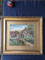 Floral courtyard, Framed, glassed gobelin.