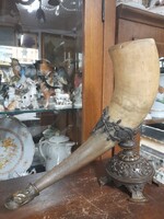Régi Historizáló Ökörszarv,Ívókűrt,Bőségszarú,Lehel Kürt,Bronz Szerelékkel,Asztali Díszkürt.30 cm.
