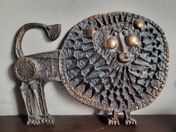 Kopcsányi Ottó – Retro Mid-Century Bronzírozott Oroszlán Fali Relief (34×26 cm)