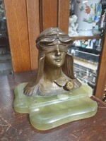 Régi Szecessziós Bronz,/Art Nouveau/Lustitia,Istennő Tintatartó,Ónix Talapzaton 13 x 15,5 cm.