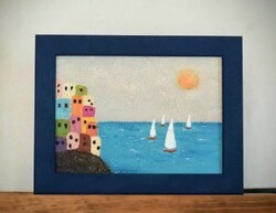 Mediterranean Fairy Tale Picture / Painting, Sea, Sailboat, Ship, Children's Room, Gift Item