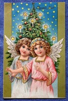 Vintage Embossed Christmas Greeting Card - Angels and Christmas Tree 1905