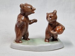 Hollóházi rare painted and size ball-playing bears ceramic figurine in perfect condition, 10cm tall