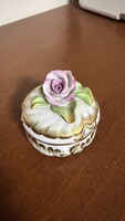 Beautiful Herendi porcelain mini bonbonnier – Meadow flower pattern with purple rose handle (8 cm)
