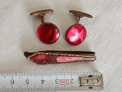 Mandzsetta gomb 066 - gomb és nyakkendőtű szett burgundi vörös lucit retro